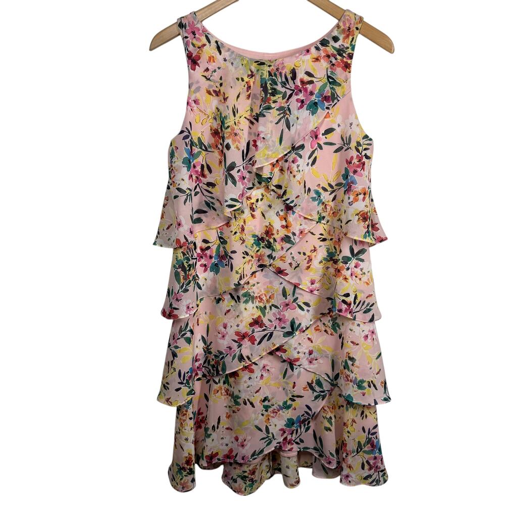 SLNY Dress Women 6‎ Pink Floral Tiered Chiffon Garden Spring Wedding Guest Party